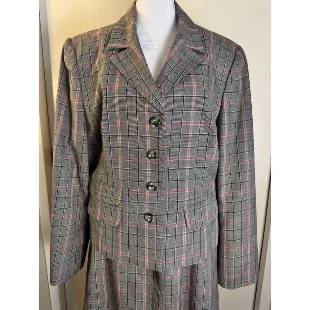 Sag Harbor Suit Womens 16 Gray Pink Plaid Blazer and Skirt Set 2 Piece Vintage - Picture 2 of 16